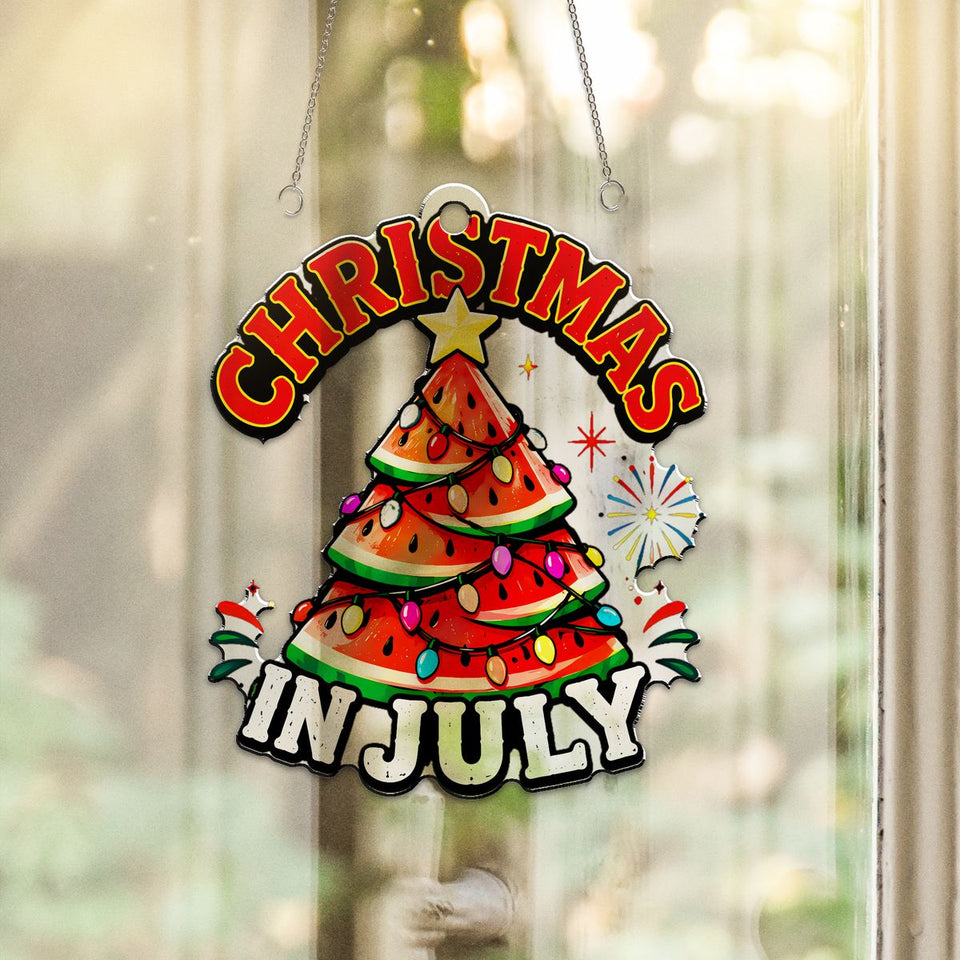 Watermelon Christmas Tree Acrylic Suncatcher hanging in a sunny window