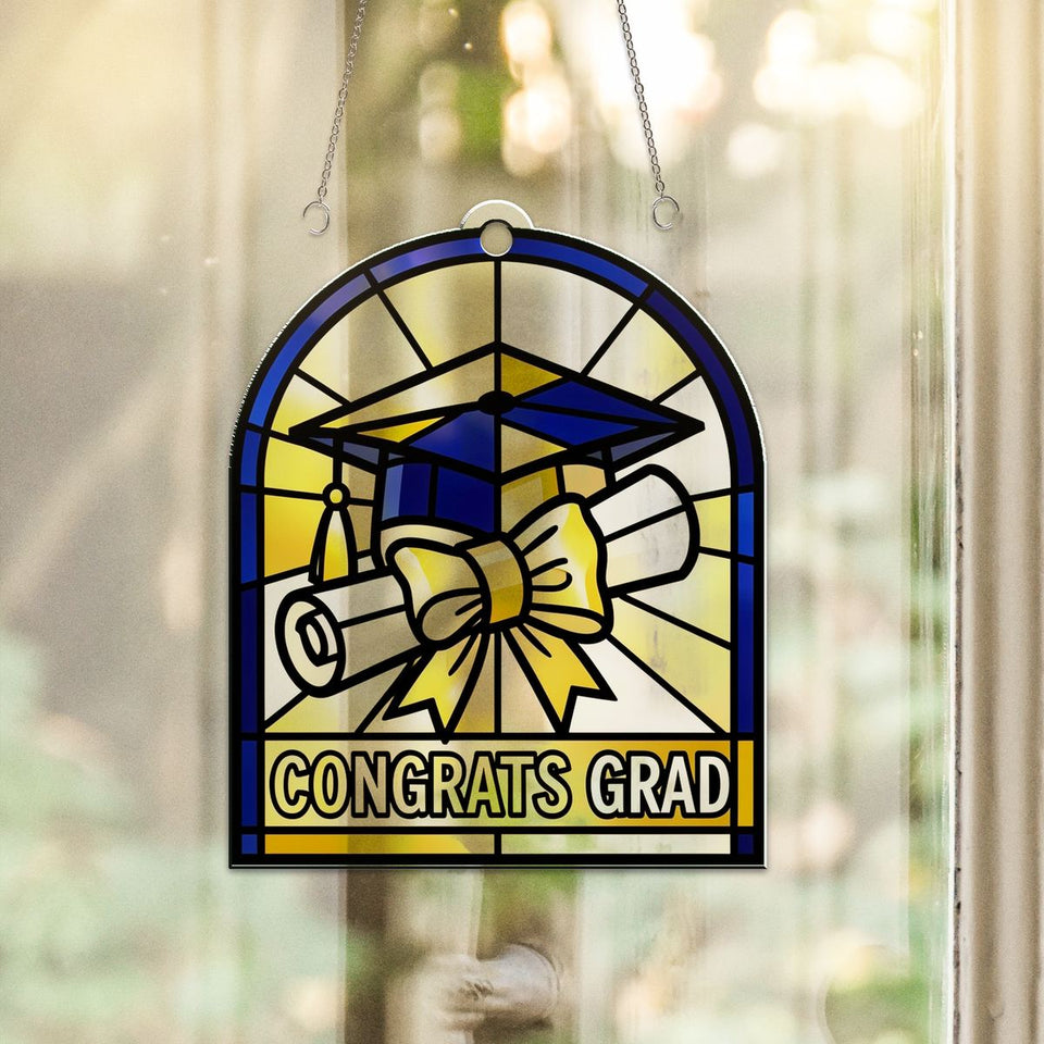 Graduation Cap Diploma Arch Acrylic Suncatcher hanging in a sunny window