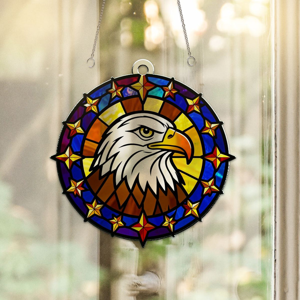 Bald Eagle Stars Circle Acrylic Suncatcher hanging in a sunny window