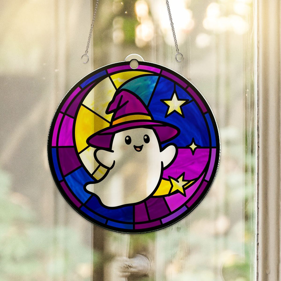 Ghost Witch Hat Moon Acrylic Suncatcher hanging in a sunny window