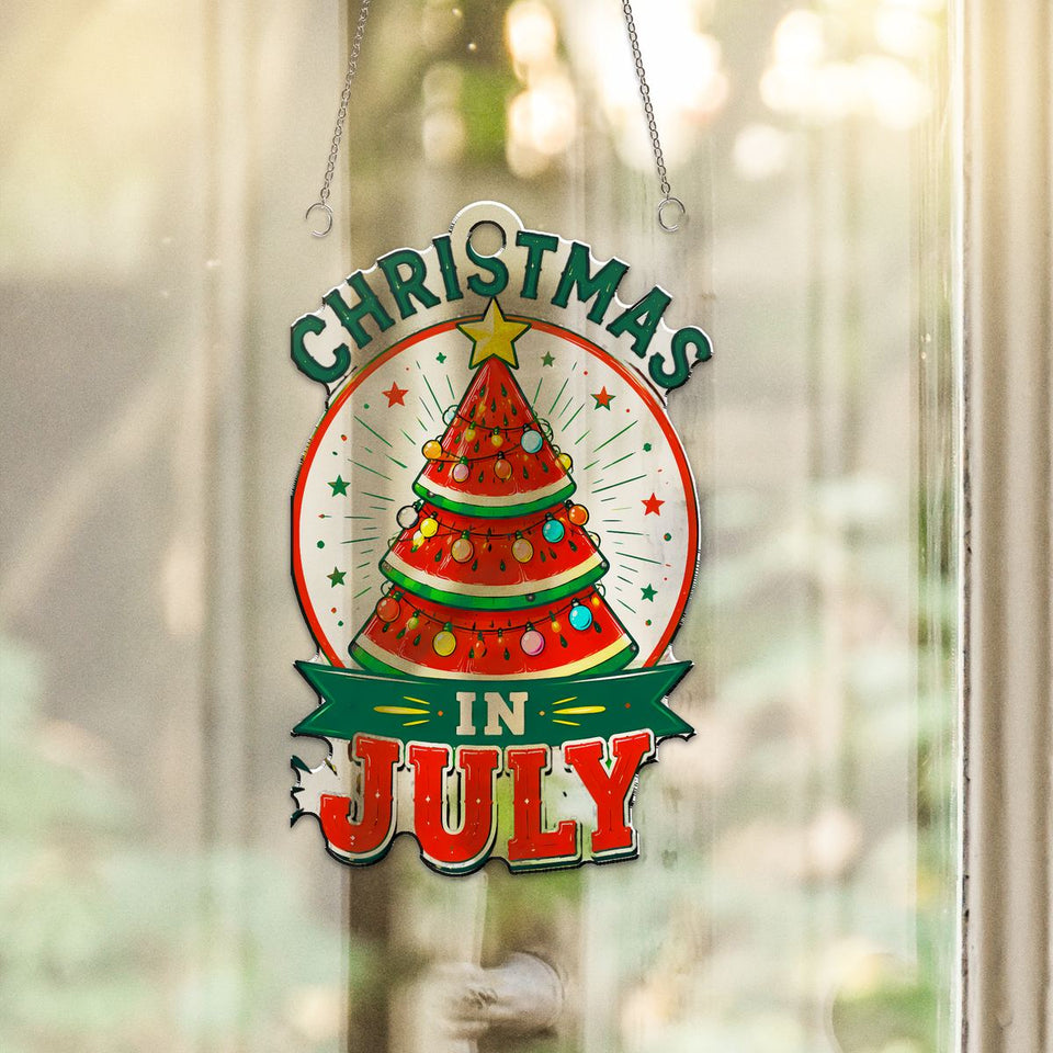 Watermelon Christmas Starburst Acrylic Suncatcher hanging in a sunny window