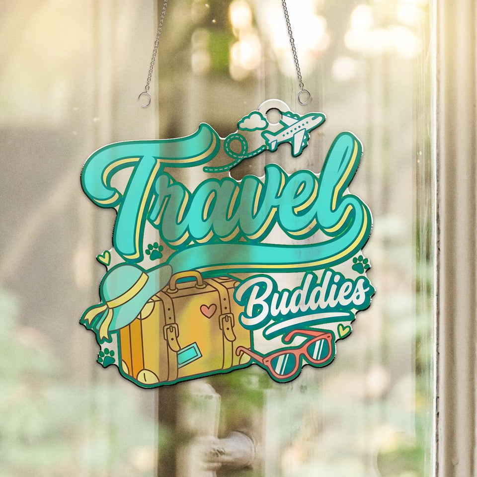 Travel Buddies Retro Acrylic Suncatcher hanging in a sunny window