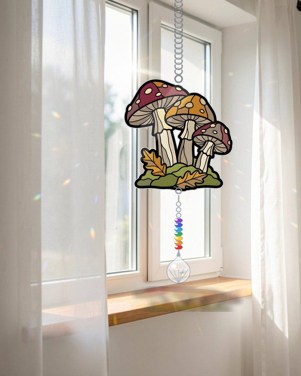 A SunCatchery acrylic suncatcher hanging in a sunny window with a rainbow crystal