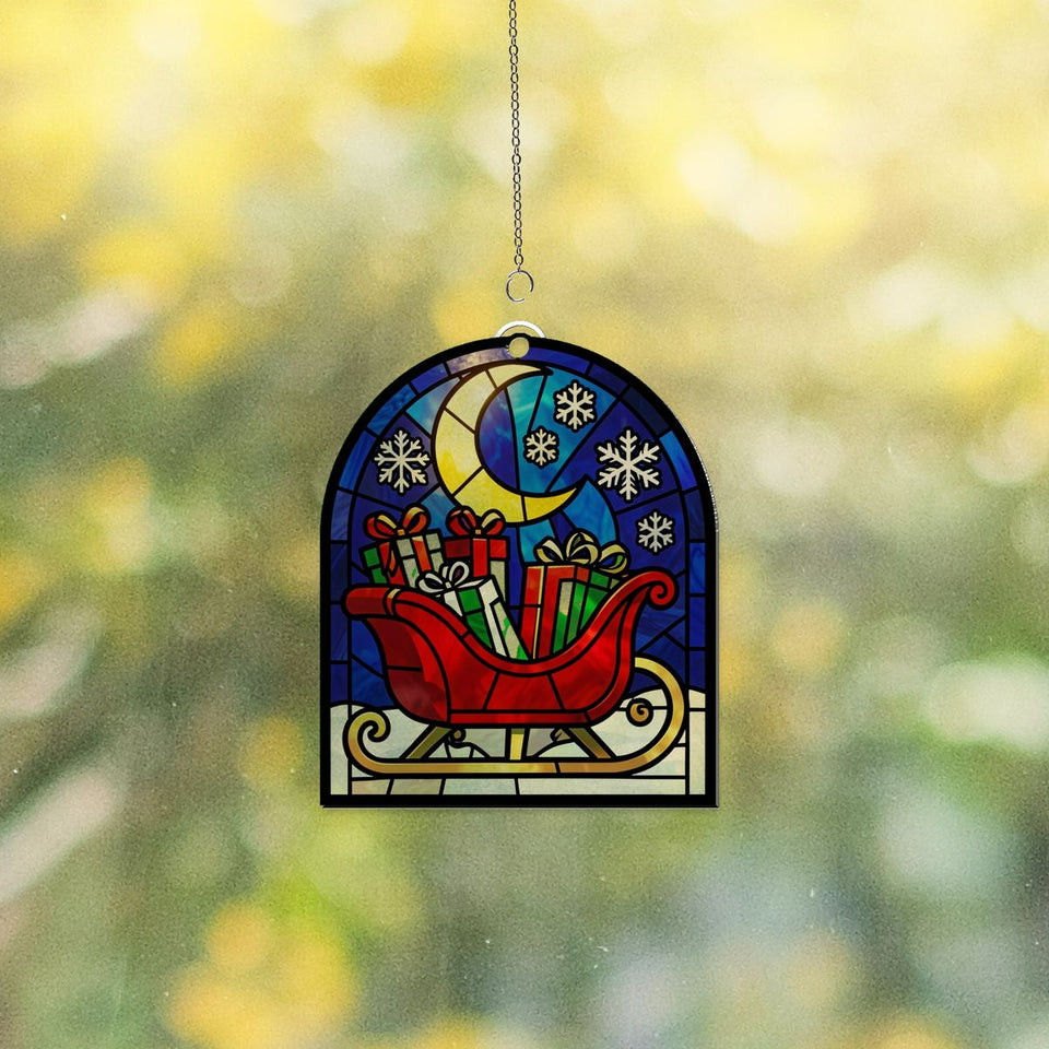 Red Sleigh Snowy Night Arch Acrylic Suncatcher