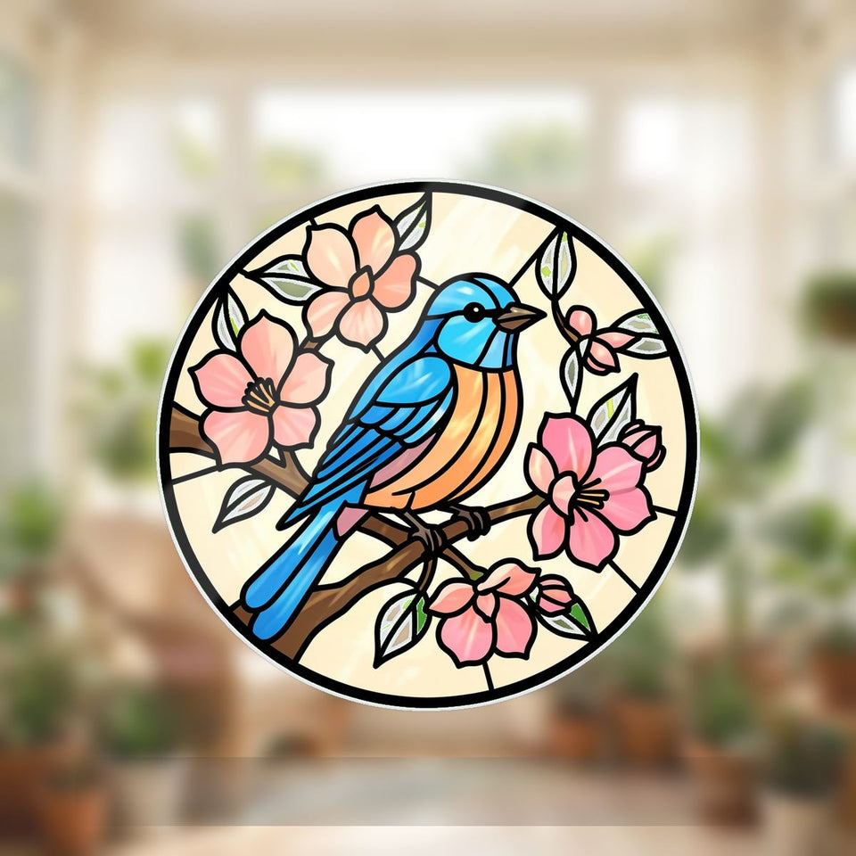 Bluebird Blossom Circle Wavy Acrylic Suncatcher Ornament
