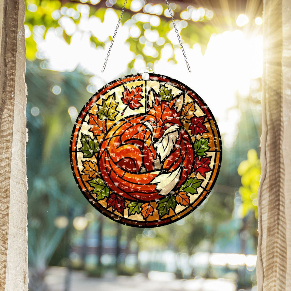 Autumn Fox Leaves Circle Water Ripple Suncatcher