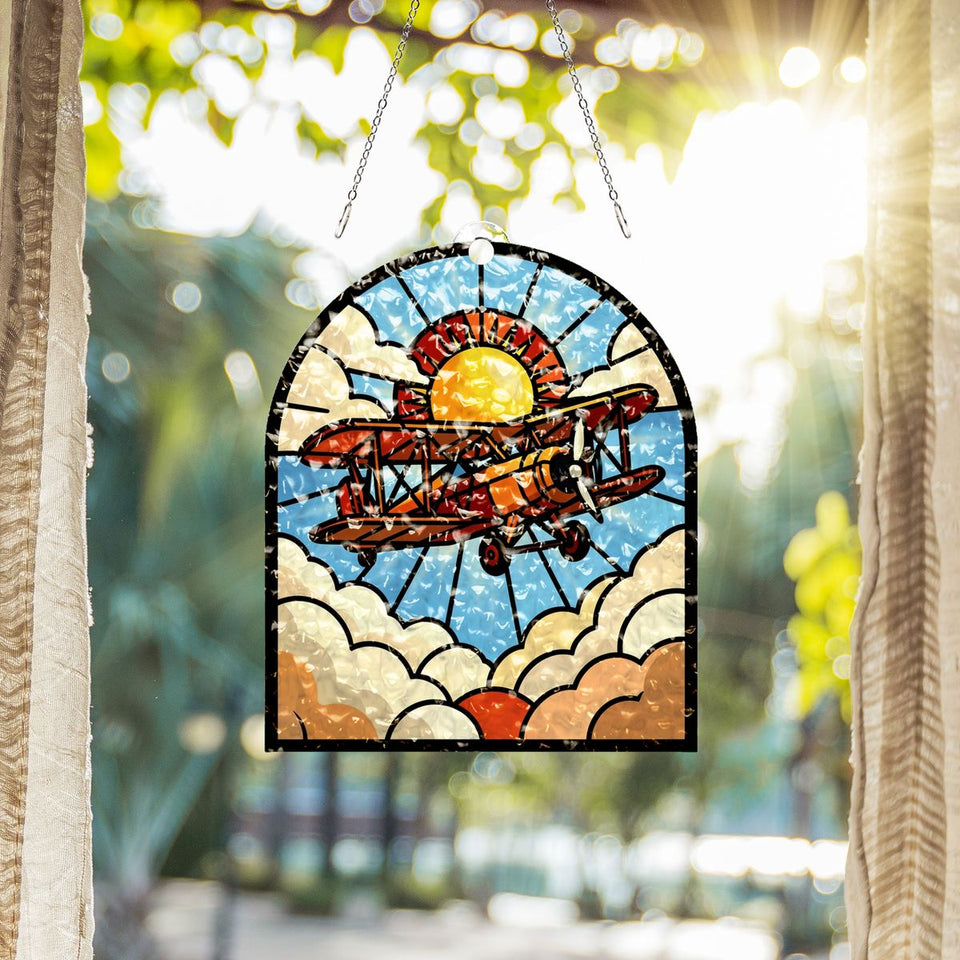 Vintage Biplane Clouds Arch Water Ripple Suncatcher