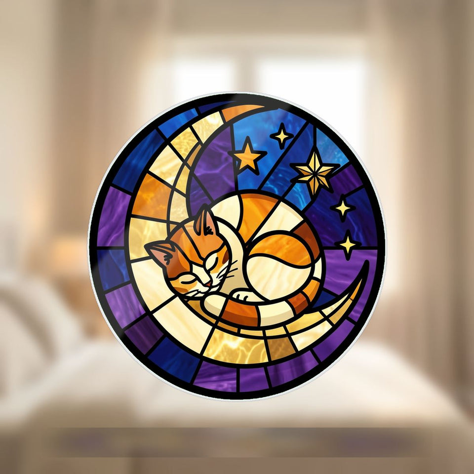 Sleeping Cat Crescent Window Wavy Acrylic Suncatcher Ornament