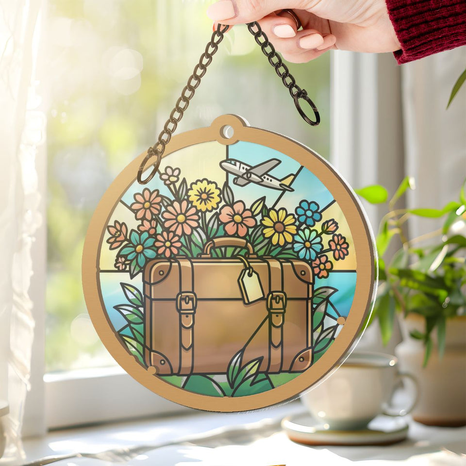 Vintage Suitcase Wildflowers Circle Window Hanging Suncatcher