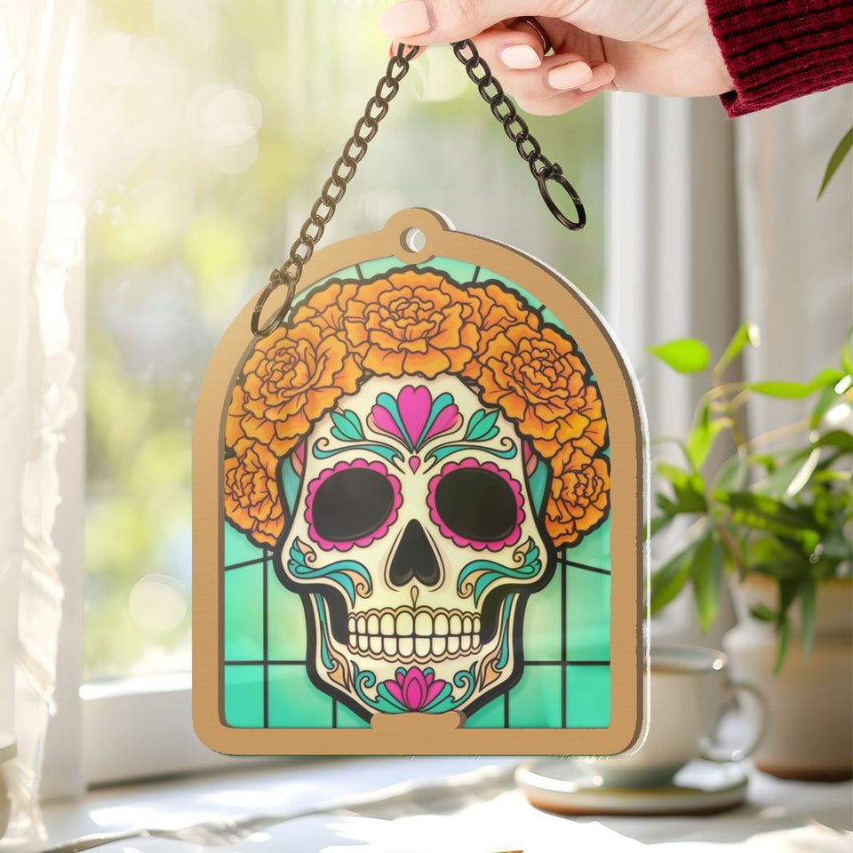 Sugar Skull Marigold Arch Window Hanging Suncatcher