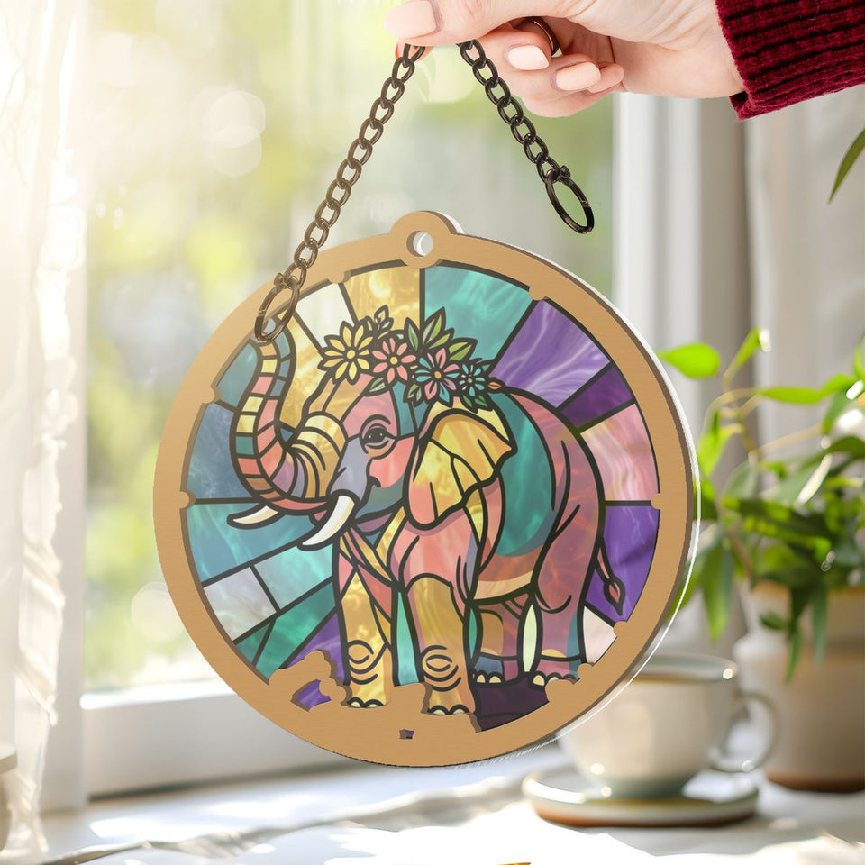 Elephant Wildflower Circle Window Hanging Suncatcher