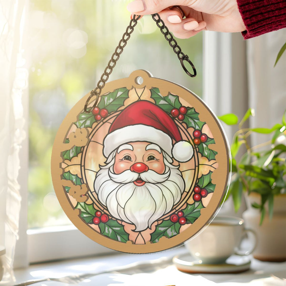 Santa Face Holly Circle Window Hanging Suncatcher