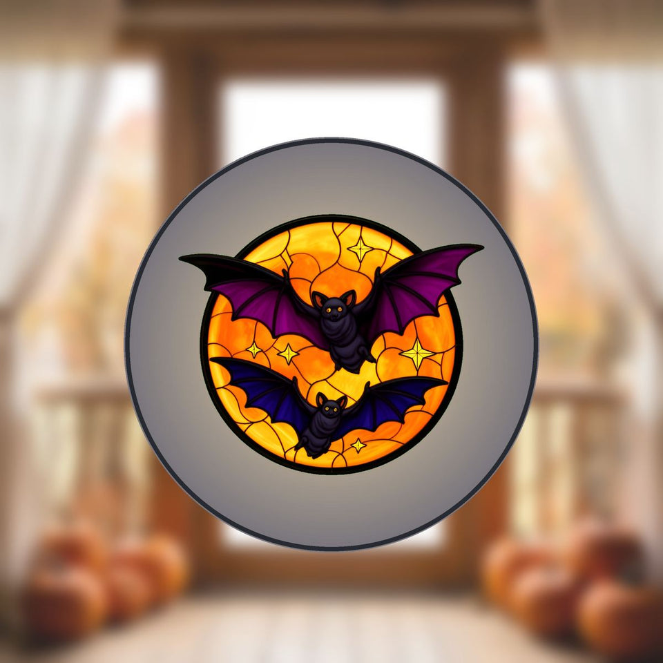 Bats Over Orange Moon Stained Glass Suncatcher