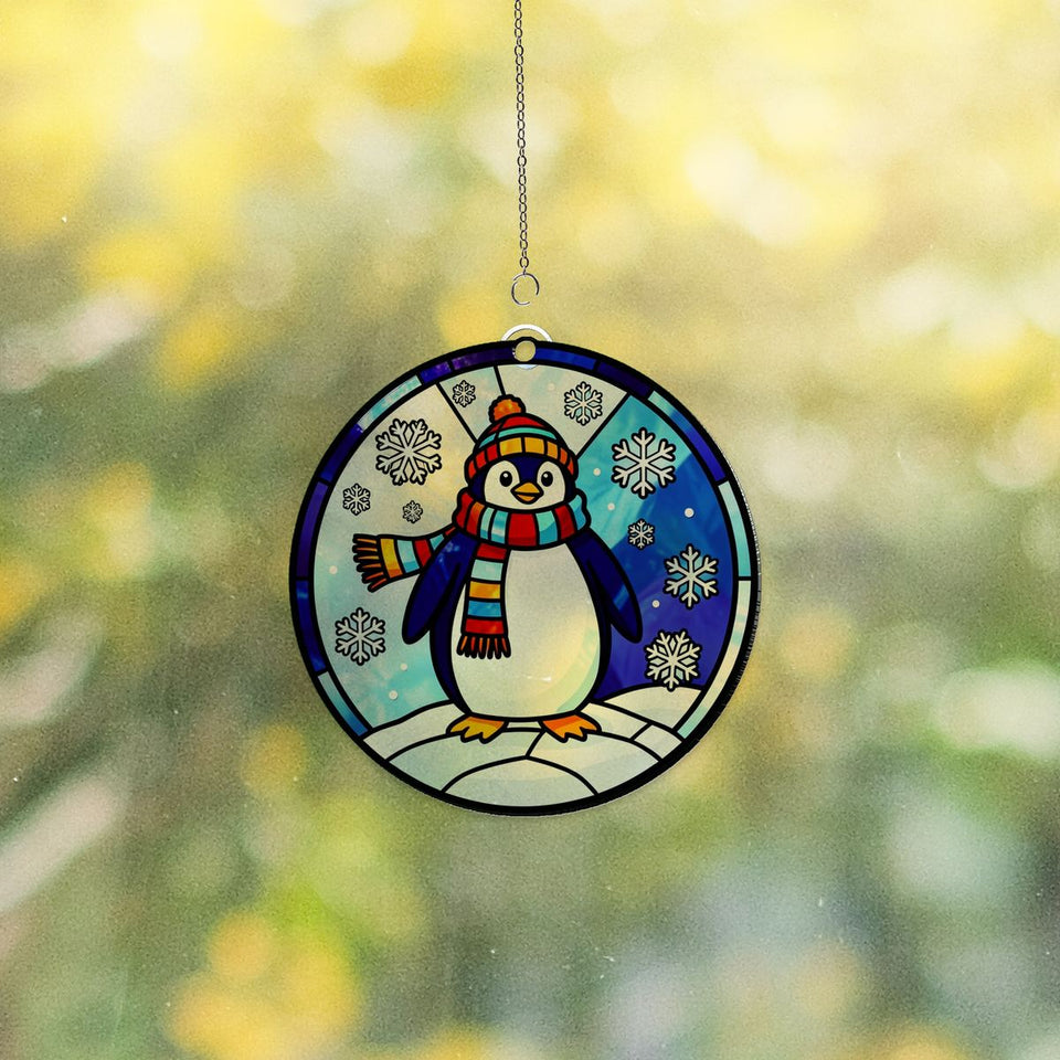 Winter Penguin Scarf Circle Acrylic Suncatcher