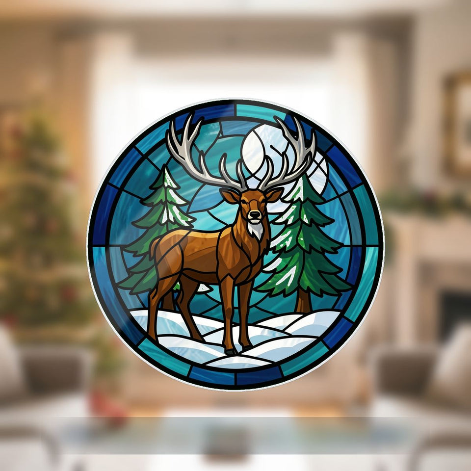 Winter Stag Evergreen Circle Wavy Acrylic Suncatcher Ornament