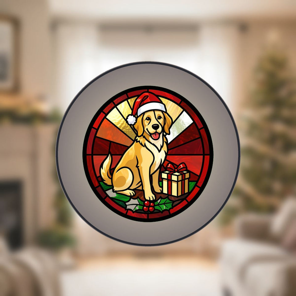 Christmas Dog Santa Hat Circle Stained Glass Suncatcher
