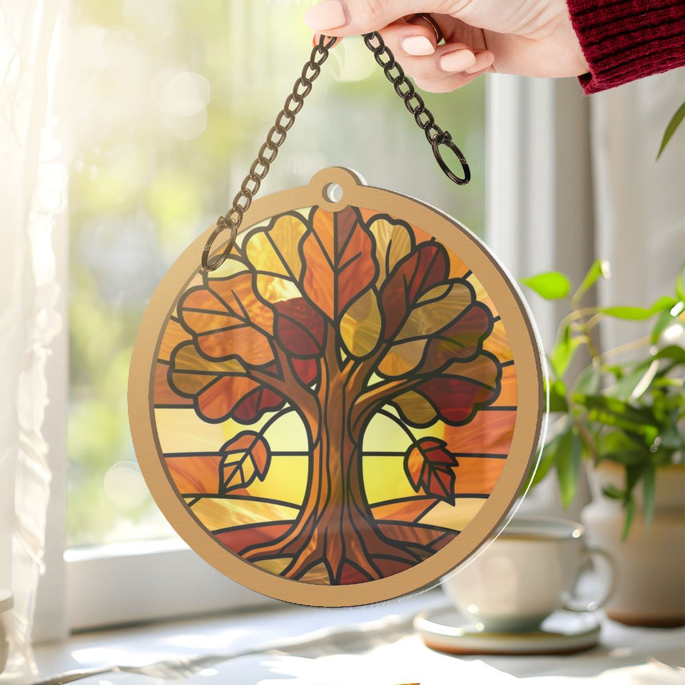 Golden Autumn Tree Circle Window Hanging Suncatcher