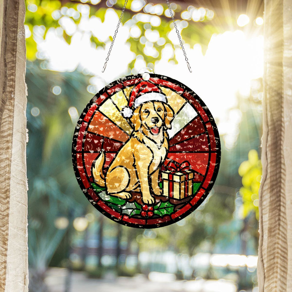 Christmas Dog Santa Hat Circle Water Ripple Suncatcher