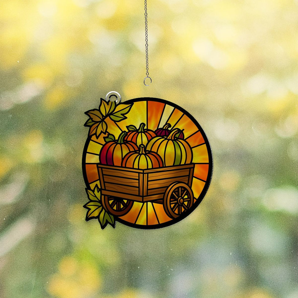 Autumn Pumpkin Cart Circle Acrylic Suncatcher