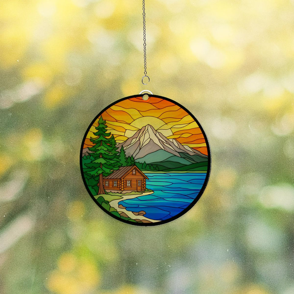 Cozy Cabin Lake Circle Acrylic Suncatcher
