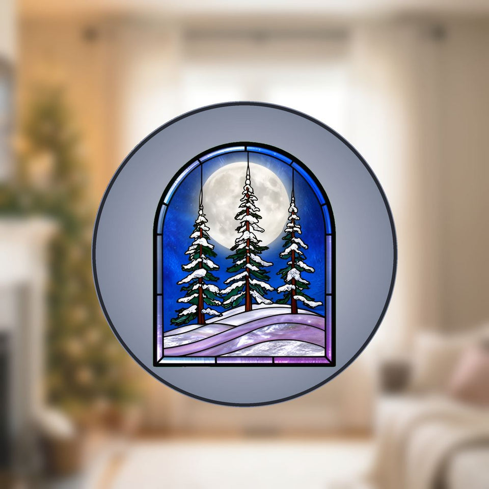 Snowy Evergreen Forest Arch Stained Glass Suncatcher