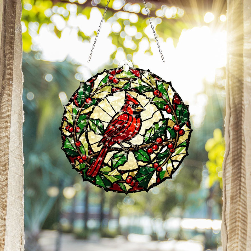 Cardinal Holly Wreath Circle Water Ripple Suncatcher