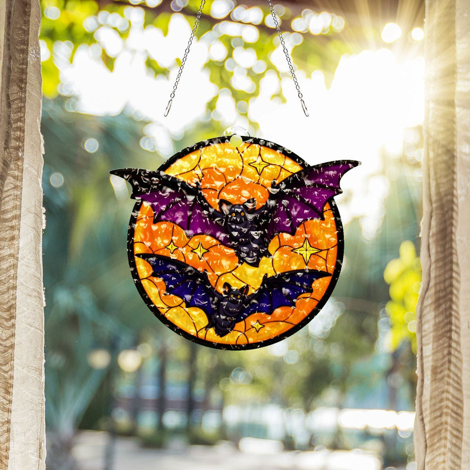 Bats Over Orange Moon Water Ripple Suncatcher