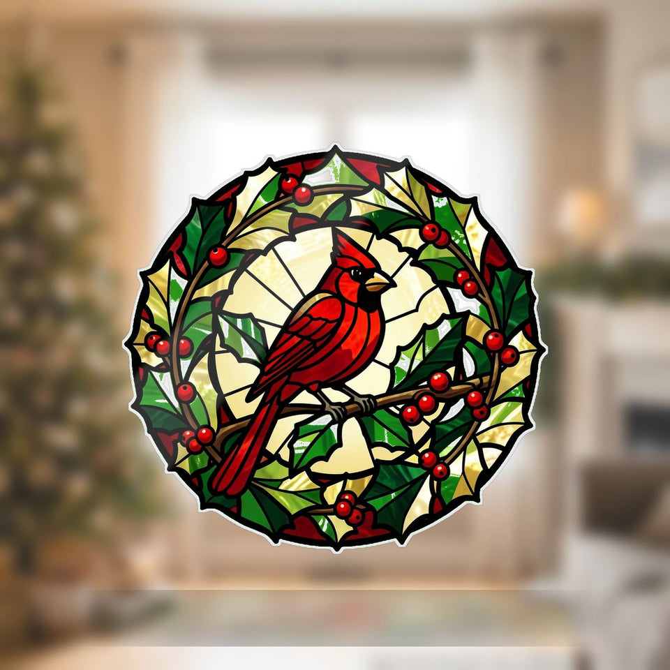 Cardinal Holly Wreath Circle Wavy Acrylic Suncatcher Ornament