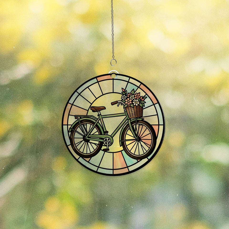 Flower Basket Bicycle Circle Acrylic Suncatcher