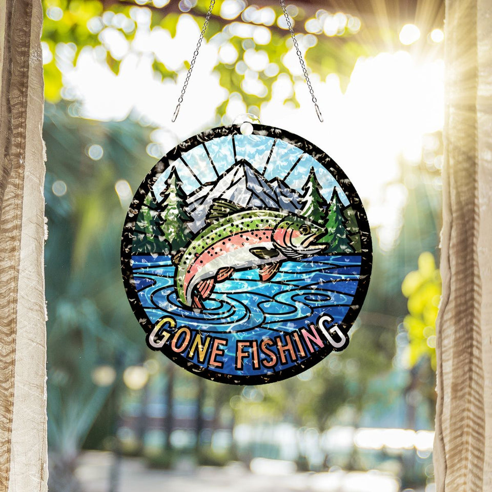 Gone Fishing Trout Circle Water Ripple Suncatcher