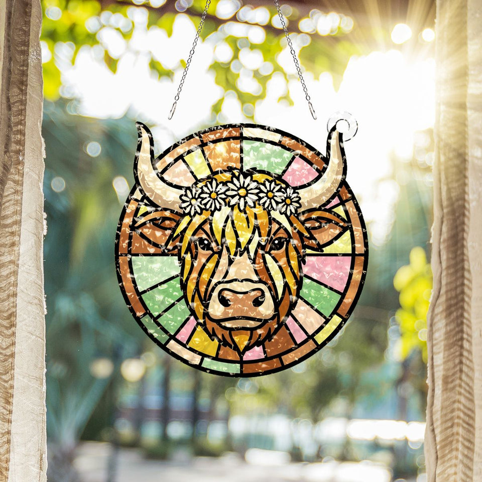 Highland Cow Wildflower Circle Water Ripple Suncatcher