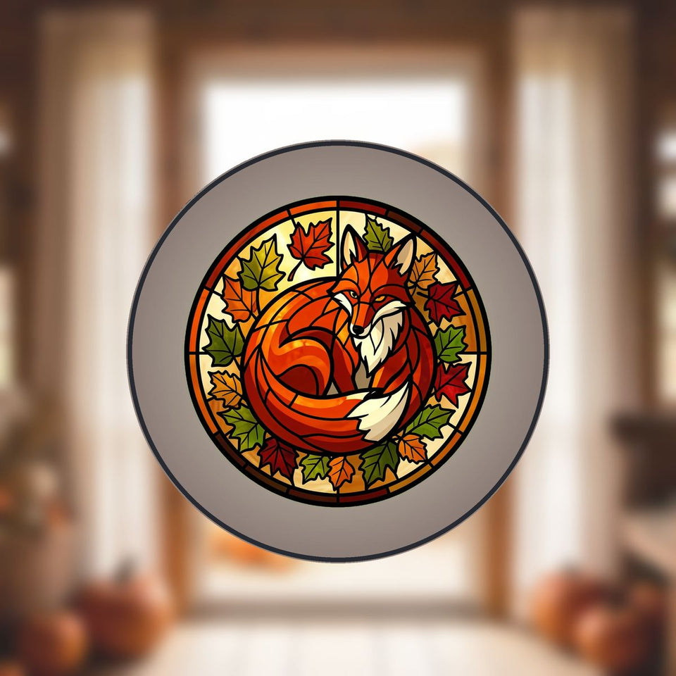 Autumn Fox Leaves Circle Stained Glass Suncatcher