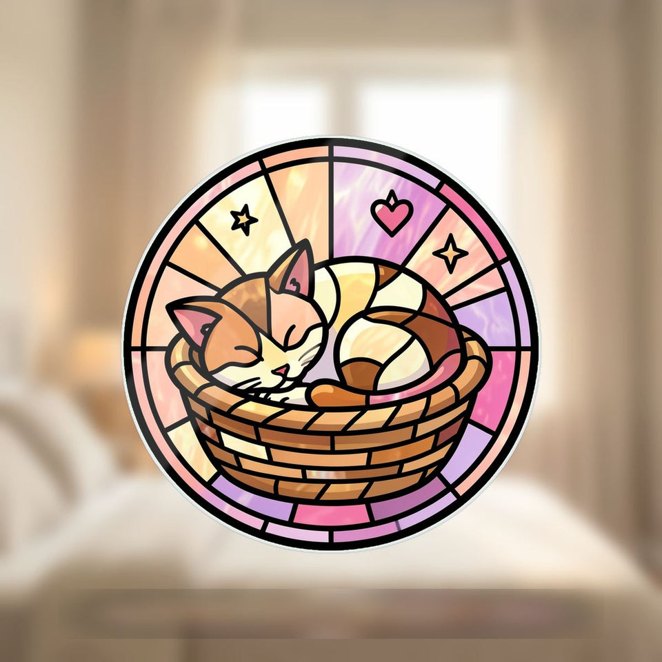 Sleeping Kitten Basket Circle Wavy Acrylic Suncatcher Ornament