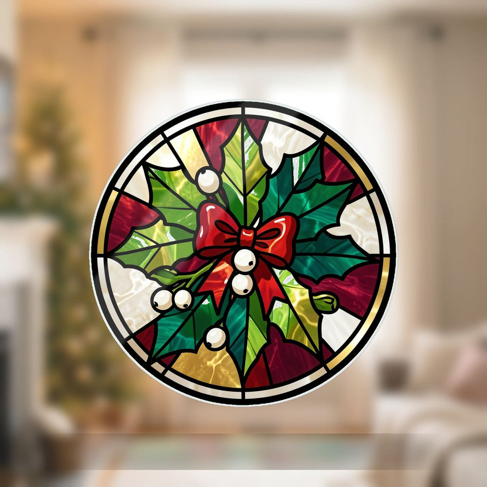Mistletoe Bow Circle Wavy Acrylic Suncatcher Ornament