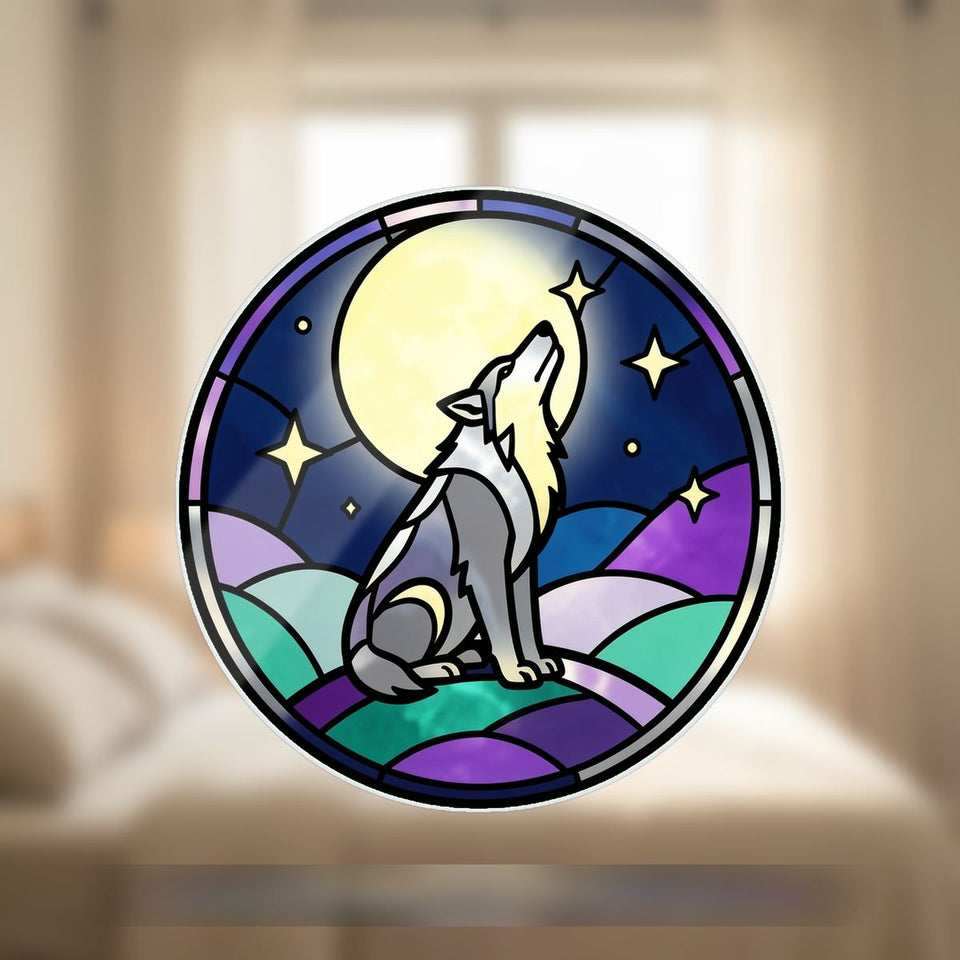 Howling Wolf Moon Circle Wavy Acrylic Suncatcher Ornament