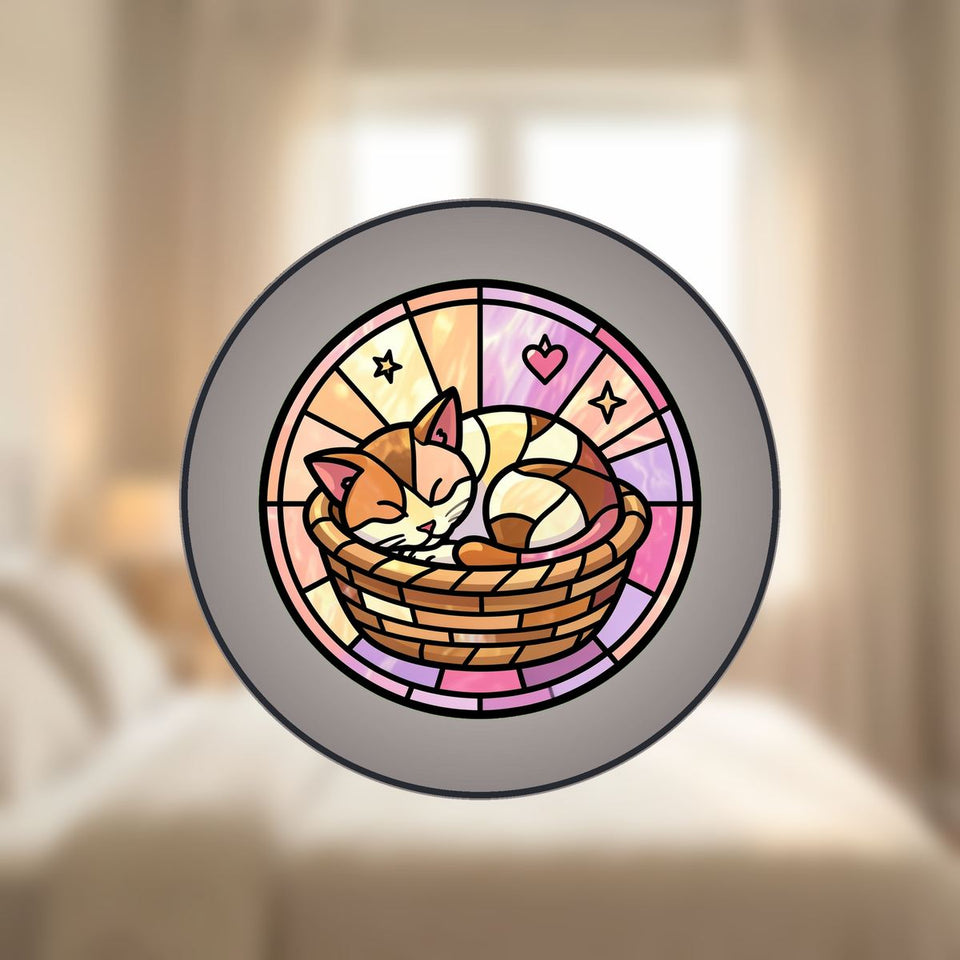 Sleeping Kitten Basket Circle Stained Glass Suncatcher