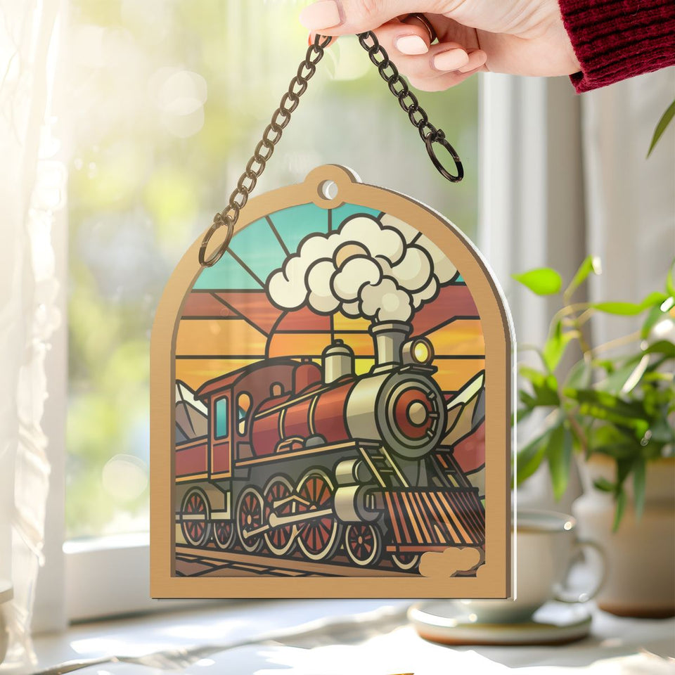 Steam Train Mountain Arch Window Hanging Suncatcher
