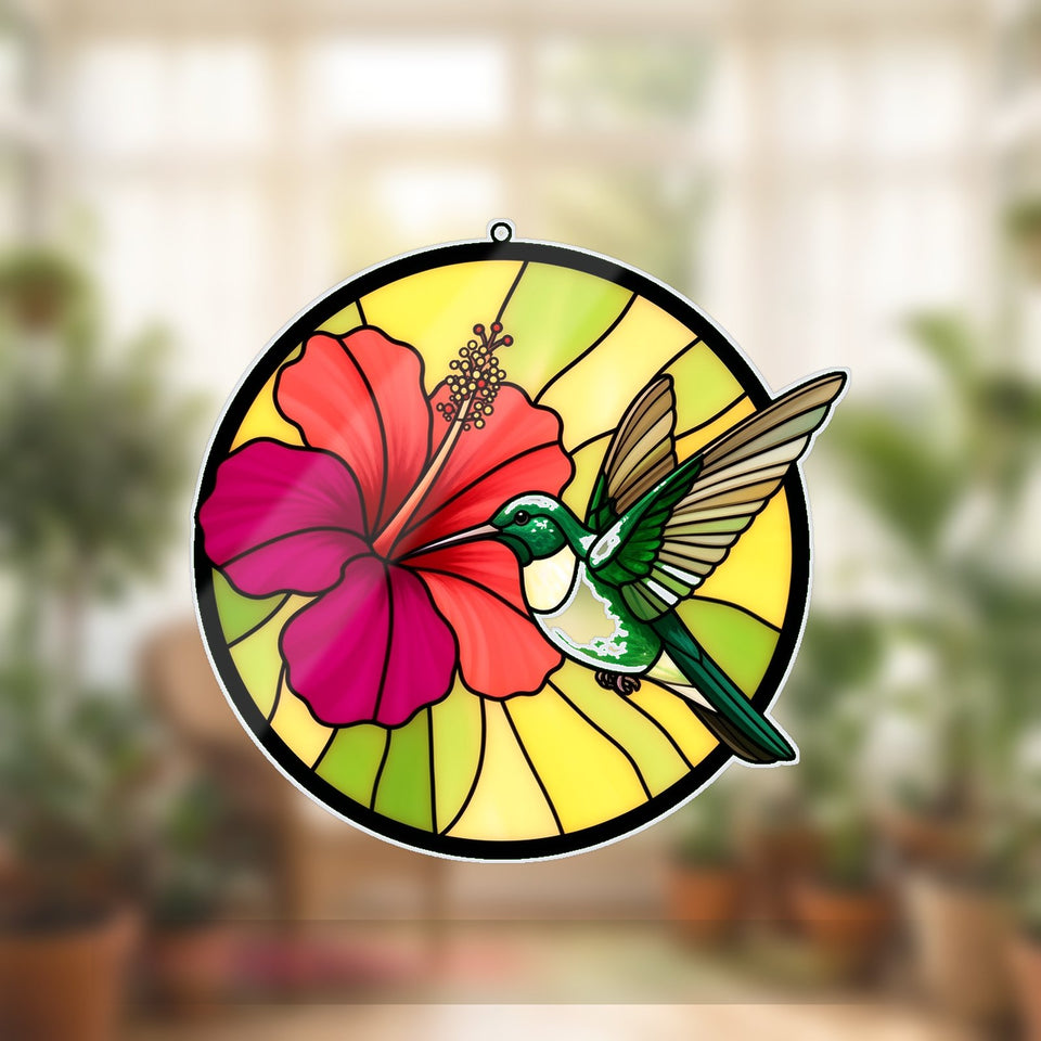 Hummingbird Hibiscus Circle Acrylic Suncatcher