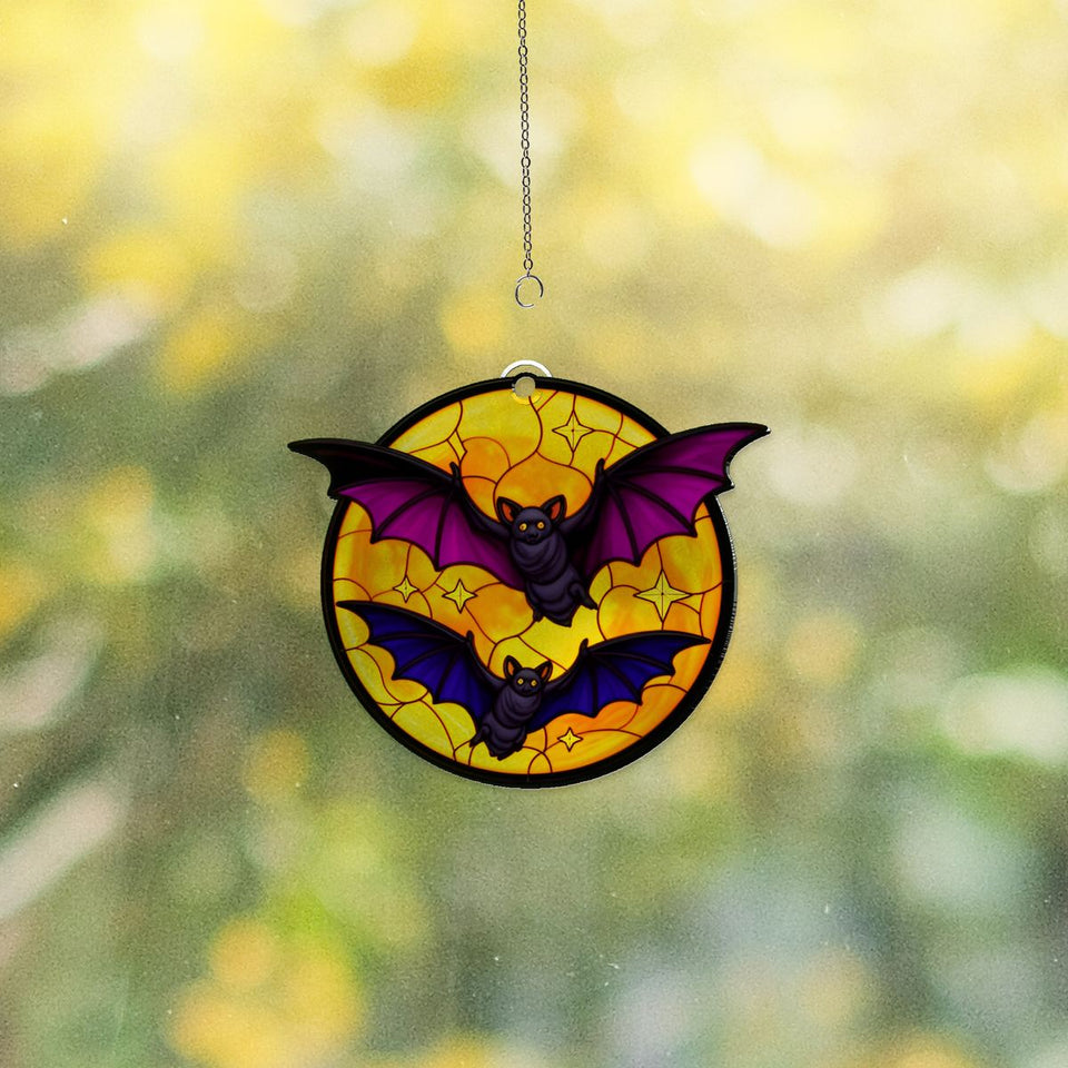 Bats Over Orange Moon Acrylic Suncatcher