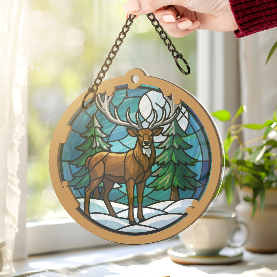 Winter Stag Evergreen Circle Window Hanging Suncatcher