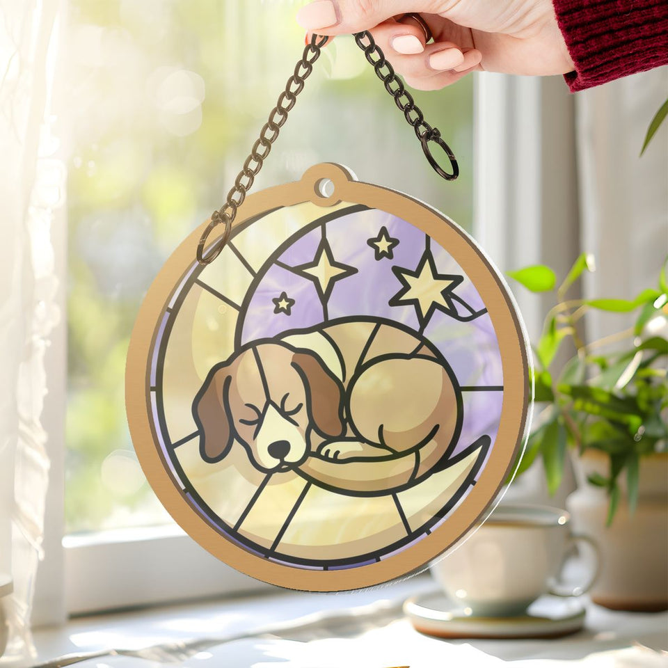 Sleeping Puppy Moon Circle Window Hanging Suncatcher