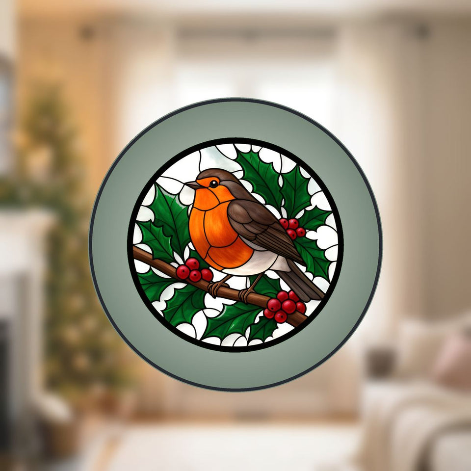 Winter Robin Berry Branch Stained Glass Suncatcher