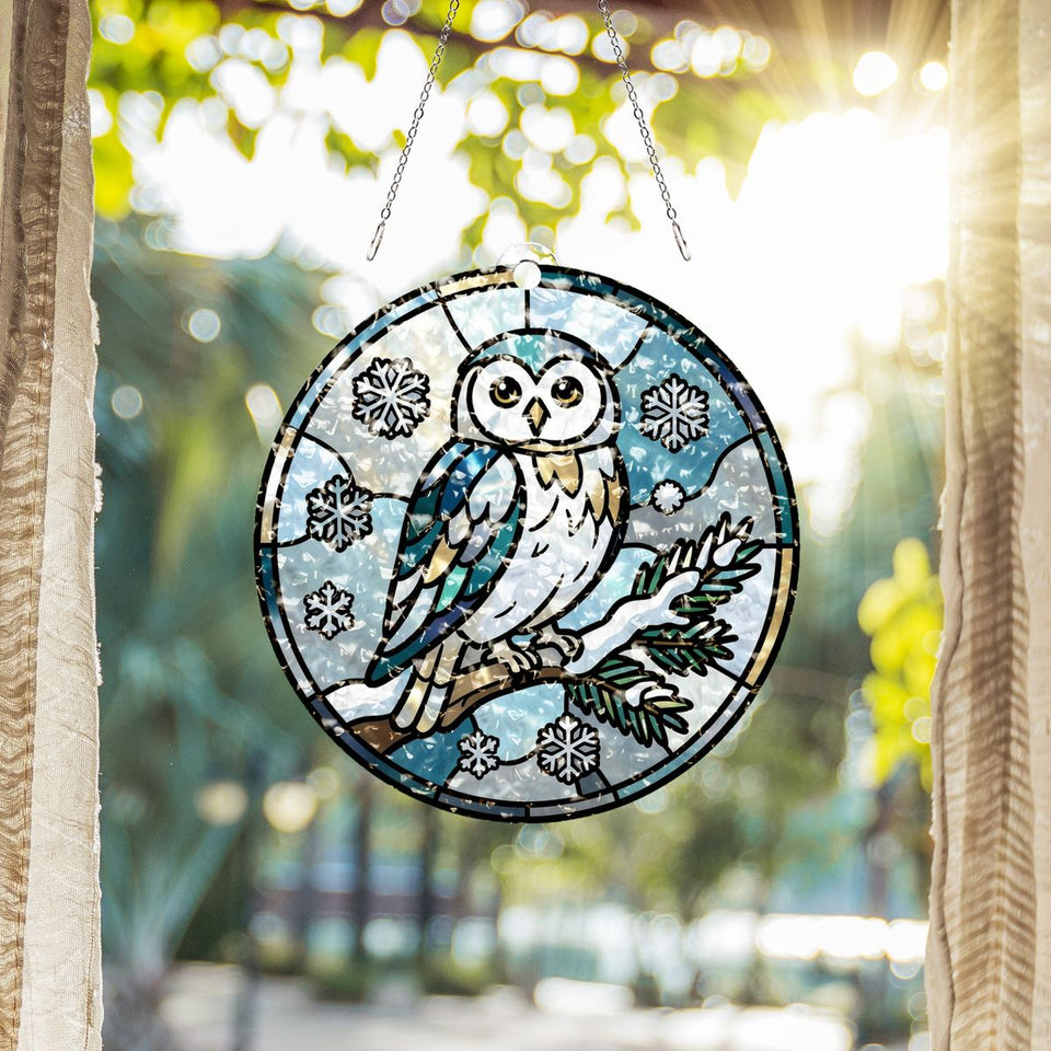 Snowy Owl Pine Circle Water Ripple Suncatcher
