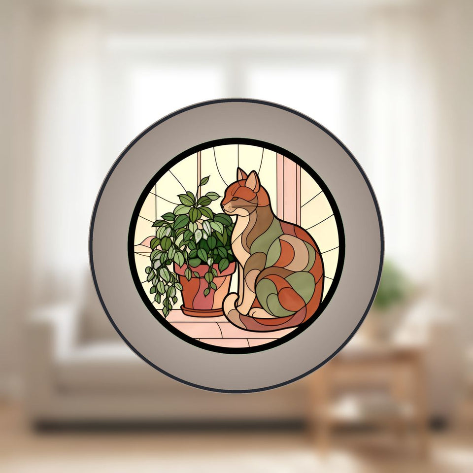 Cozy Cat Plant Window Stained Glass Suncatcher