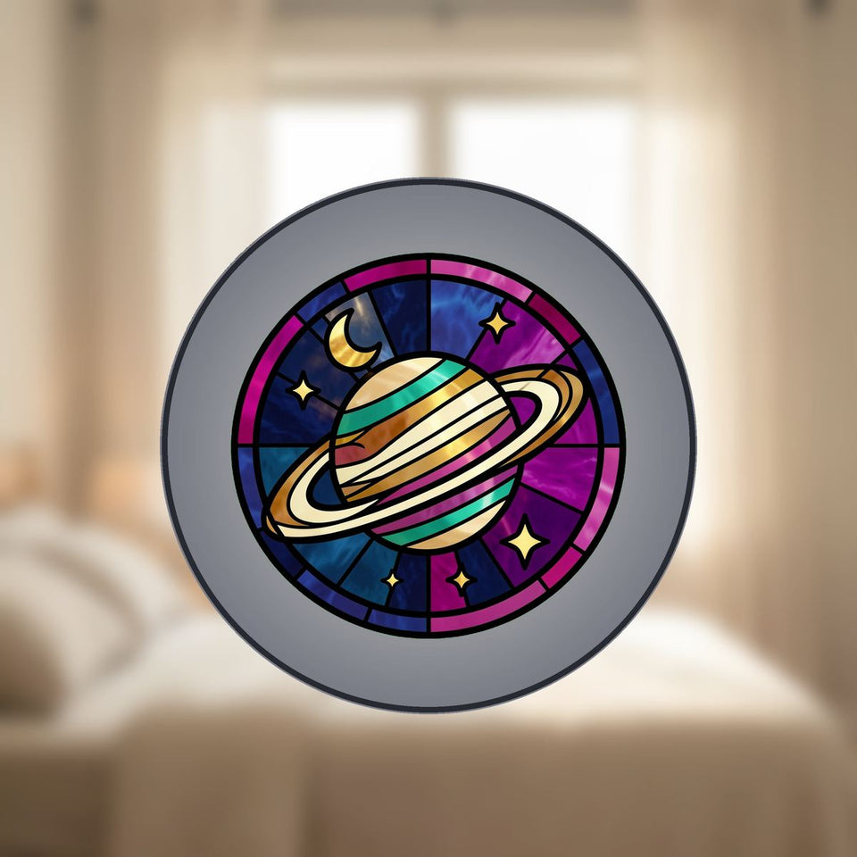Ringed Planet Stars Circle Stained Glass Suncatcher