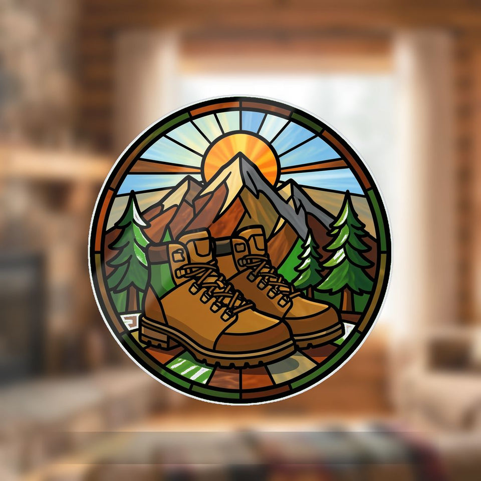 Hiking Boots Mountain Circle Wavy Acrylic Suncatcher Ornament