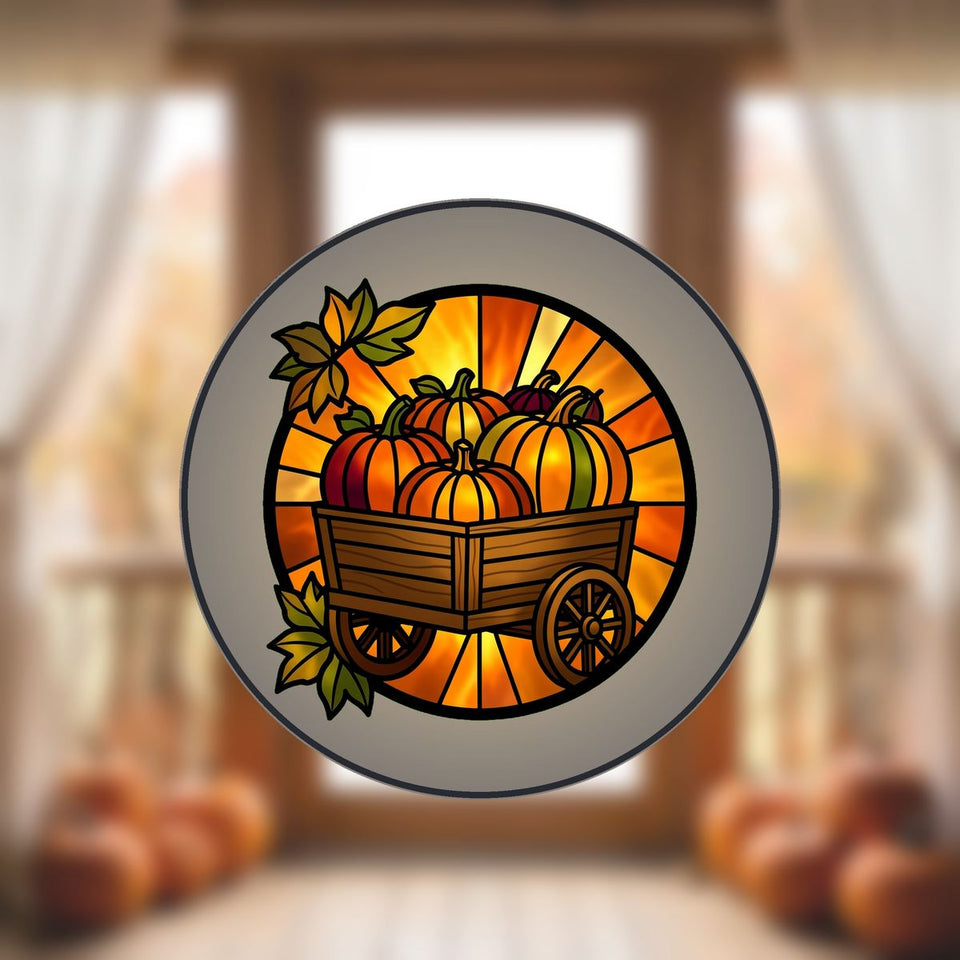 Autumn Pumpkin Cart Circle Stained Glass Suncatcher