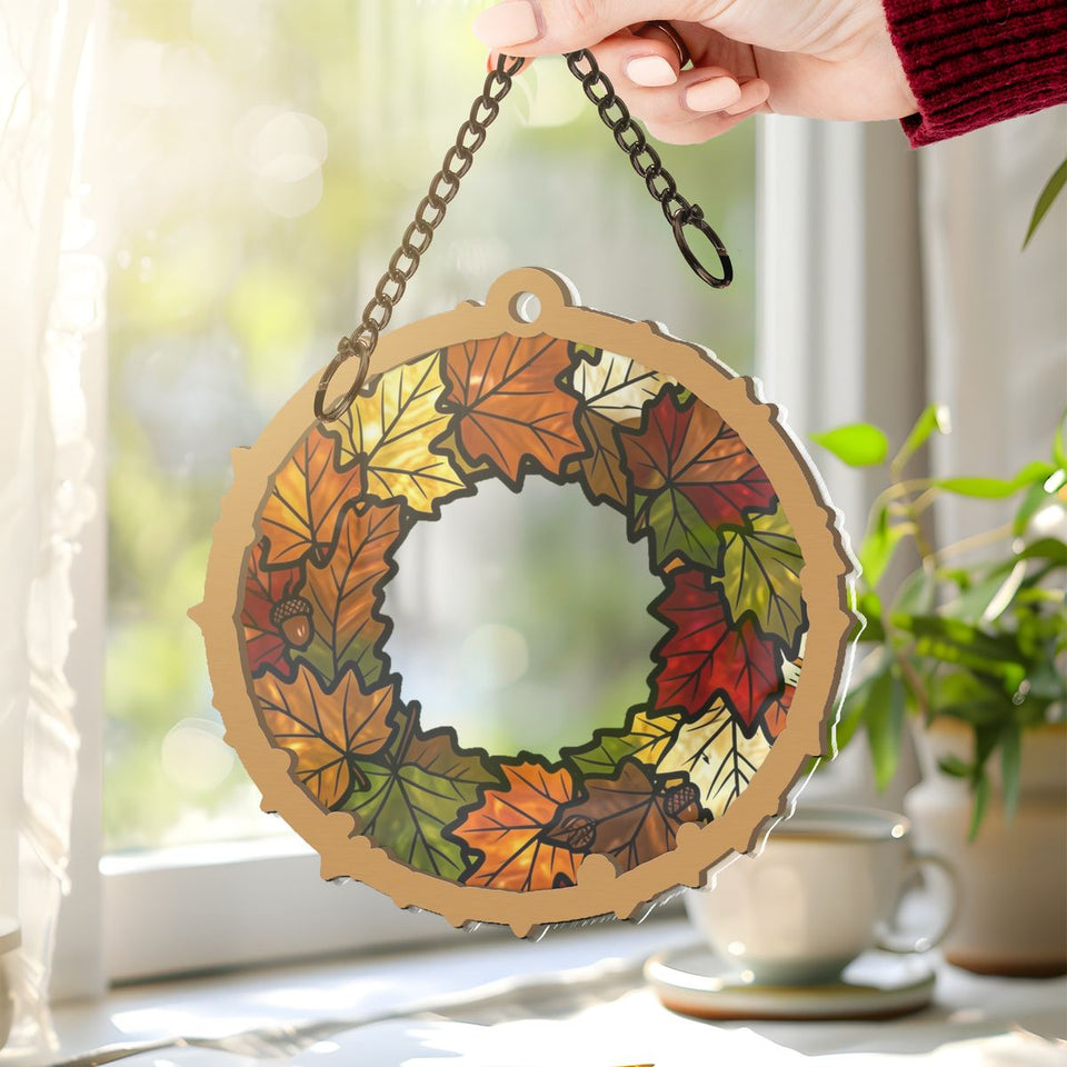 Fall Leaves Wreath Circle Window Hanging Suncatcher