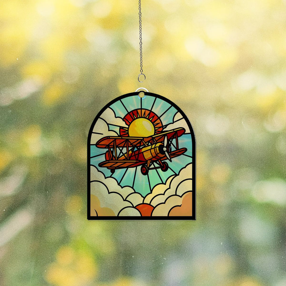 Vintage Biplane Clouds Arch Acrylic Suncatcher