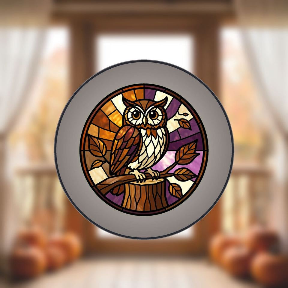 Autumn Owl Circle Stained Glass Suncatcher